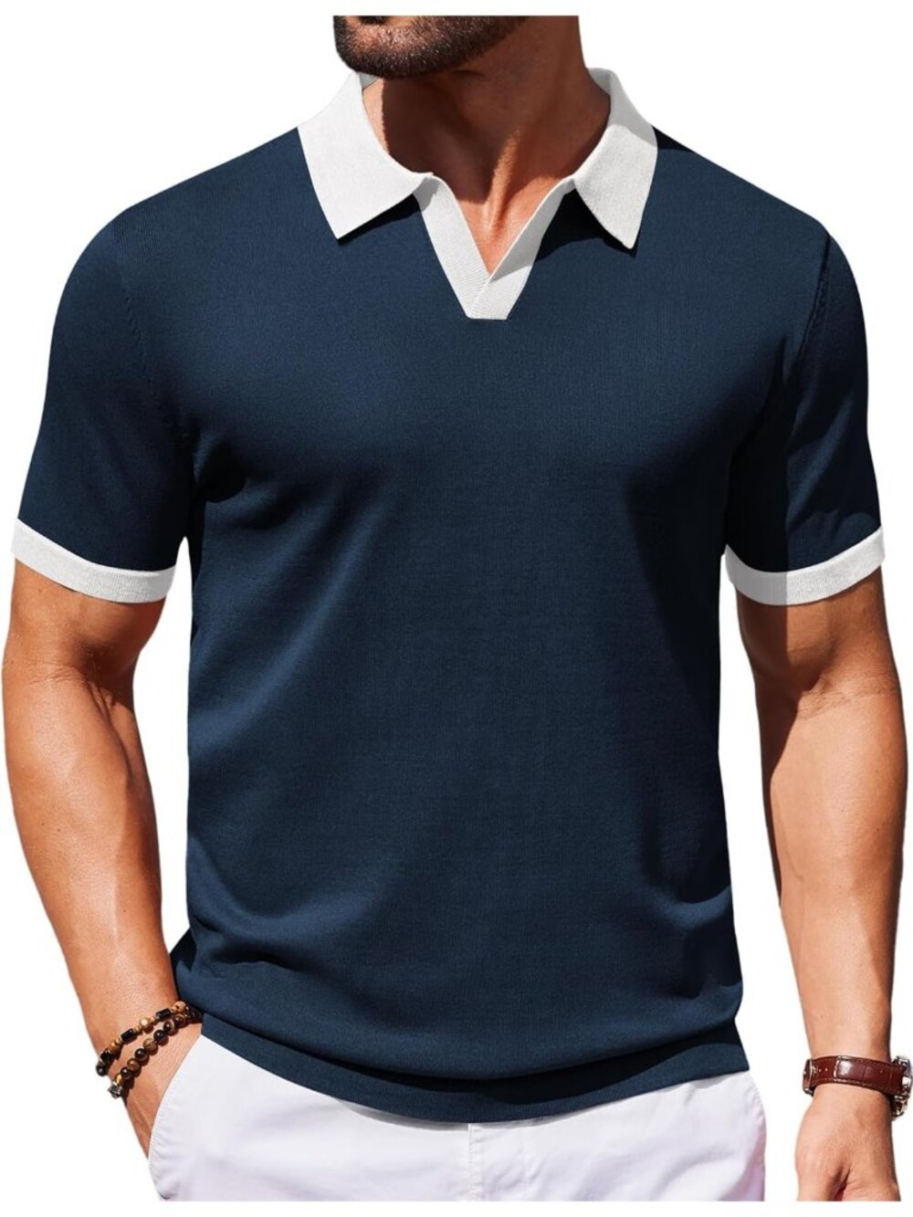 Men's Blue & White 100% Polyester V Neck Short Sleeve Stretch Knit Polo Shirt
